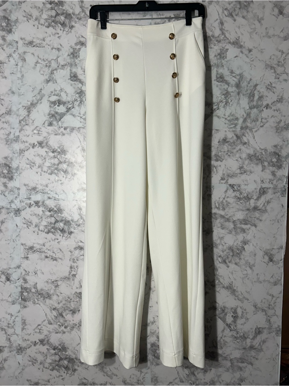 High-Rise Cream Wide-Leg Pants with Gold Button Accents